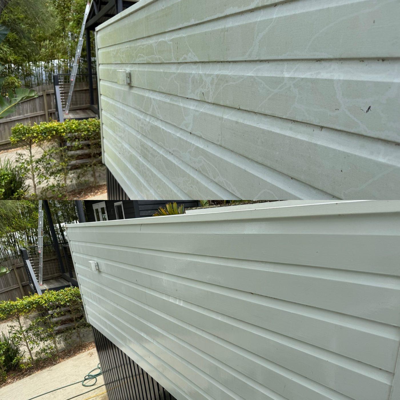 Before and after house washing on weatherboard cladding, grime washed back to clean white
