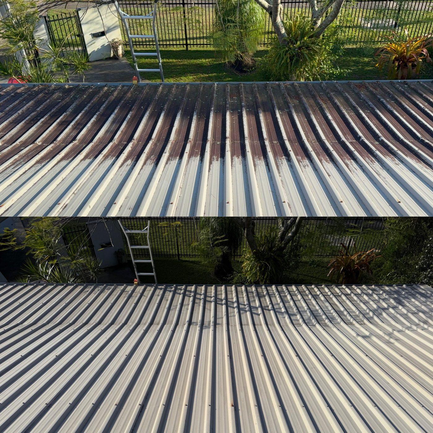 Before and after roof wash removing rust staining from a metal roof