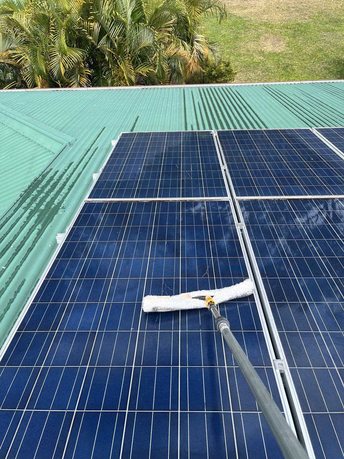 Solar panels being cleaned with a soft brush on a pole