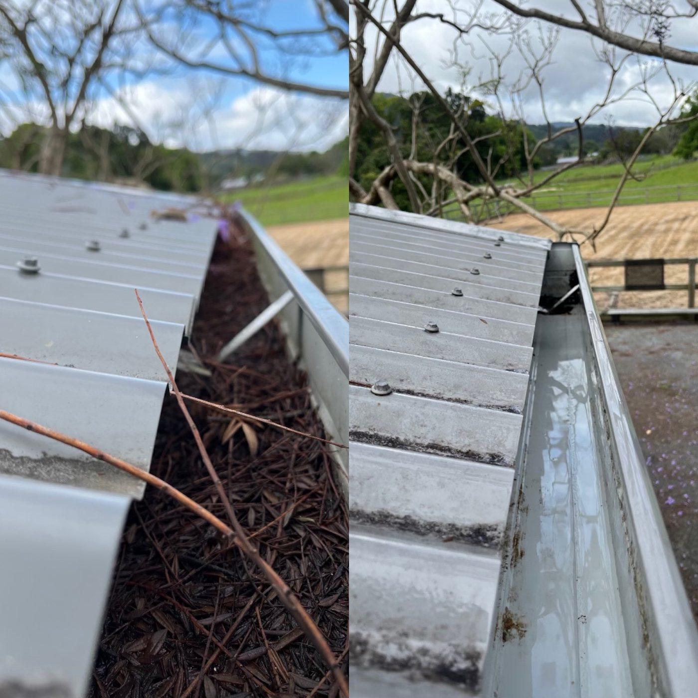 Before and after gutter cleaning on a rural corrugated roof