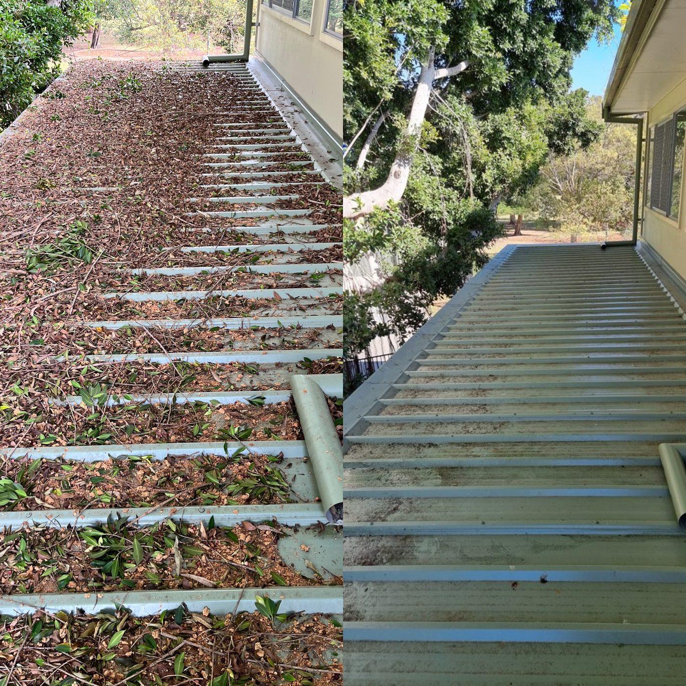 Before and after gutter cleaning on a long corrugated roof packed with leaves