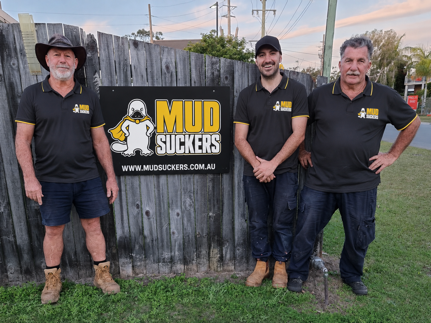The MUDSUCKERS crew in charcoal uniforms beside the branded company sign